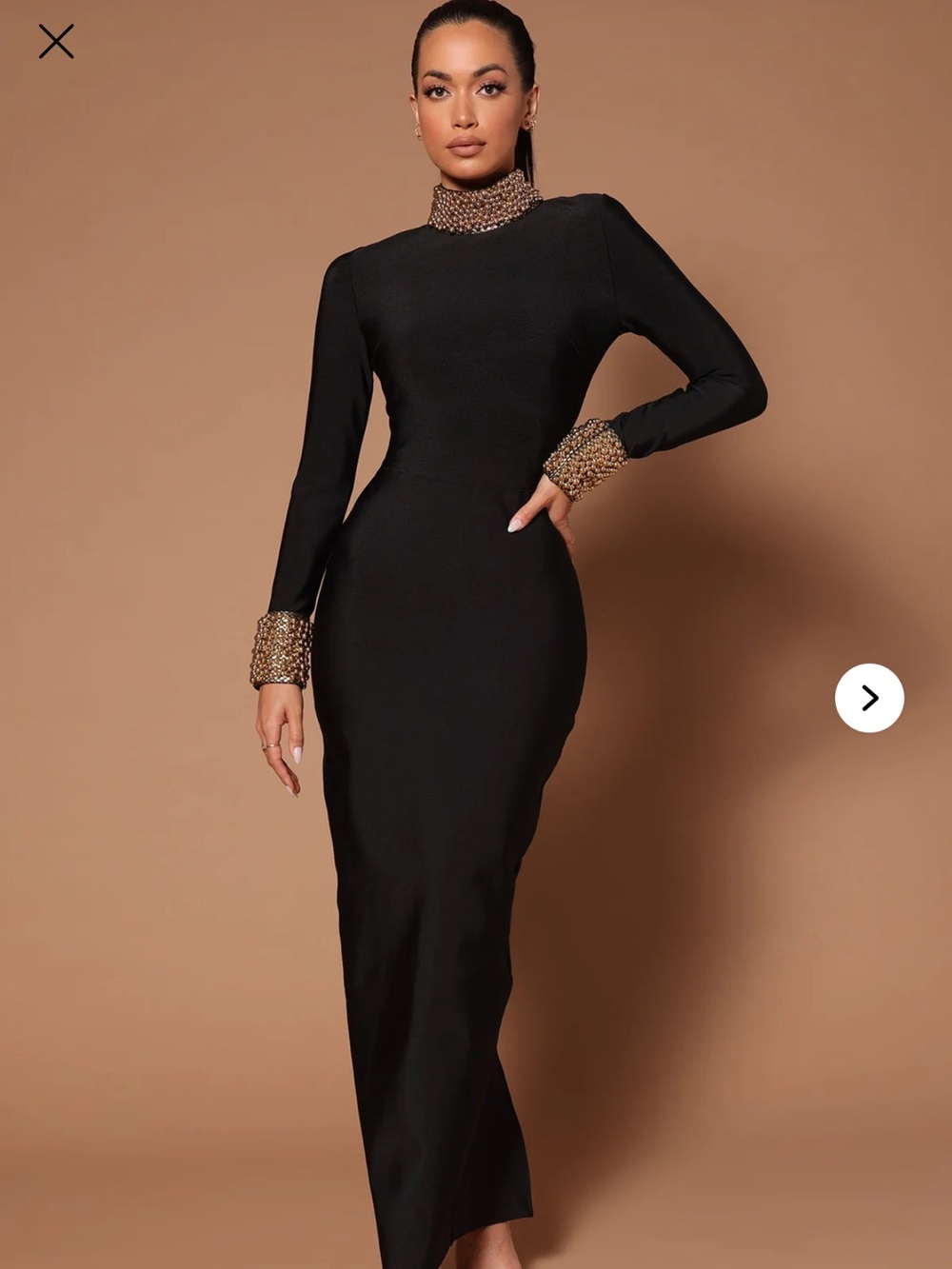 Fashion Nova Black Maxi Dress with Gold Beaded Neck & Cuffs